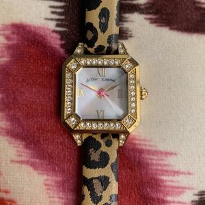 Betsey Johnson Square Rhinestone Bezel Leopard